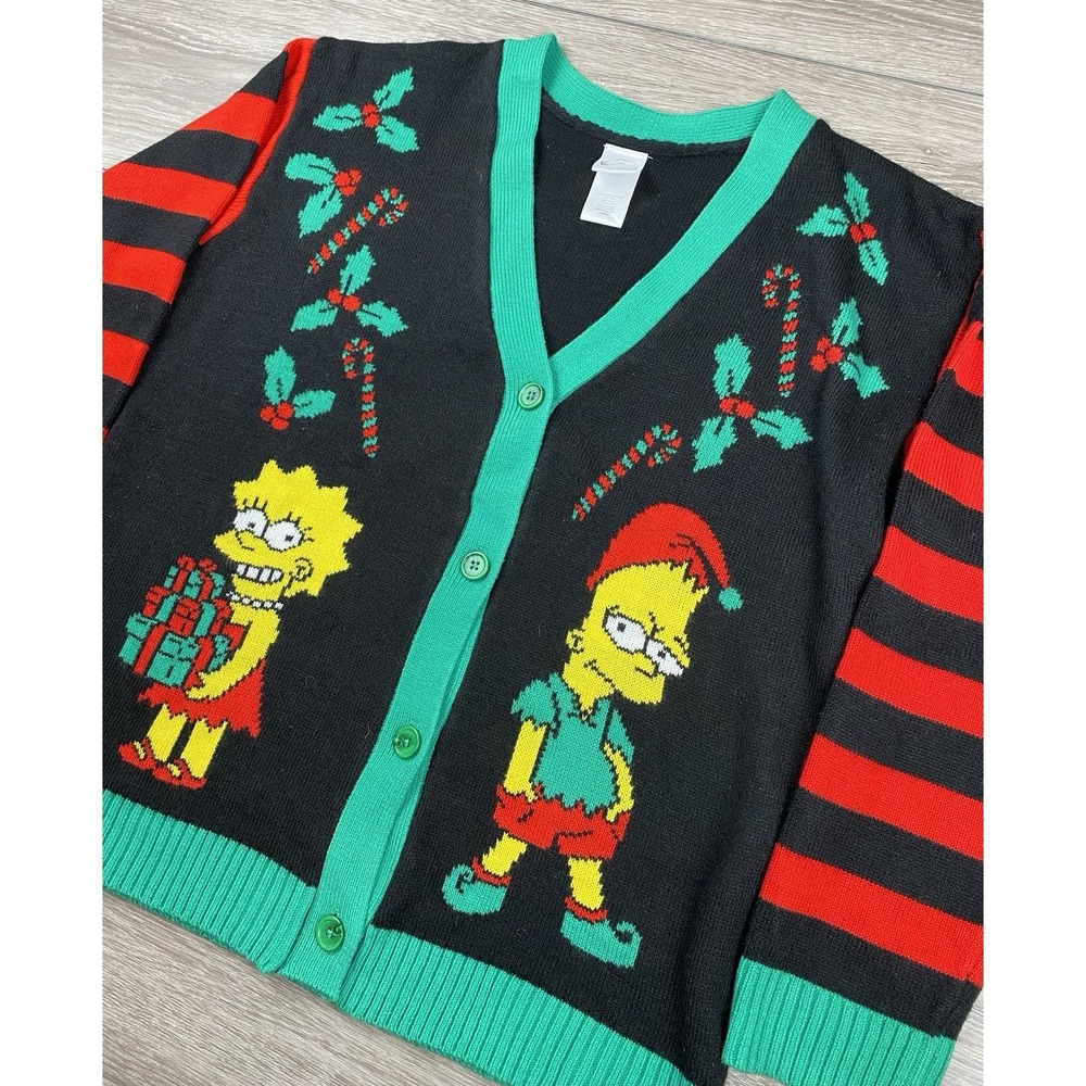 The Simpson's Men's Ugly Christmas V-Neck Cardigan Sweater Bart Lisa Black Sz L